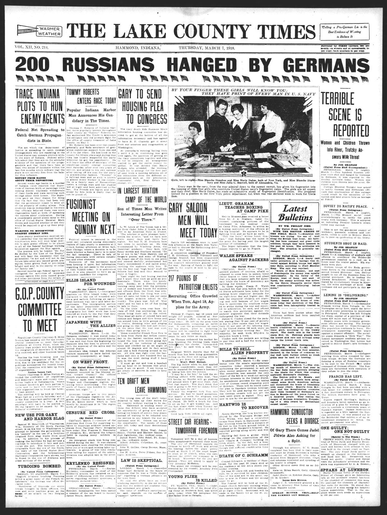 March 7, 1918: Trace Indiana Plots To Hun Enemy Agents